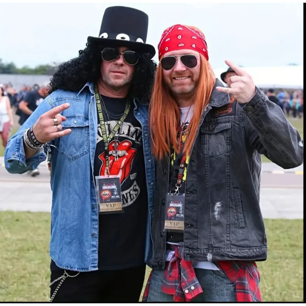 Rocker Costume Long Black Wig Heavy Metal Biker Festival Tattoo Sleeves Cosplay - Picture 9 of 11